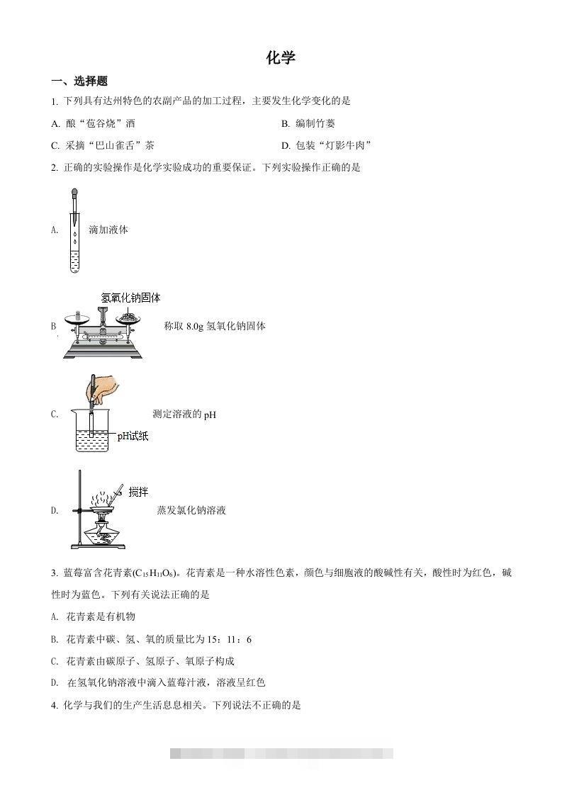 2022年四川省达州市中考化学真题（空白卷）-资源V站