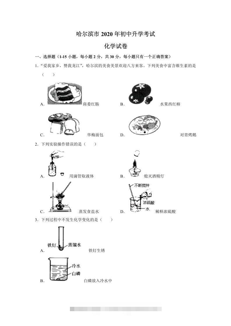 黑龙江省哈尔滨市2020年中考化学试卷（含答案）-小哥网