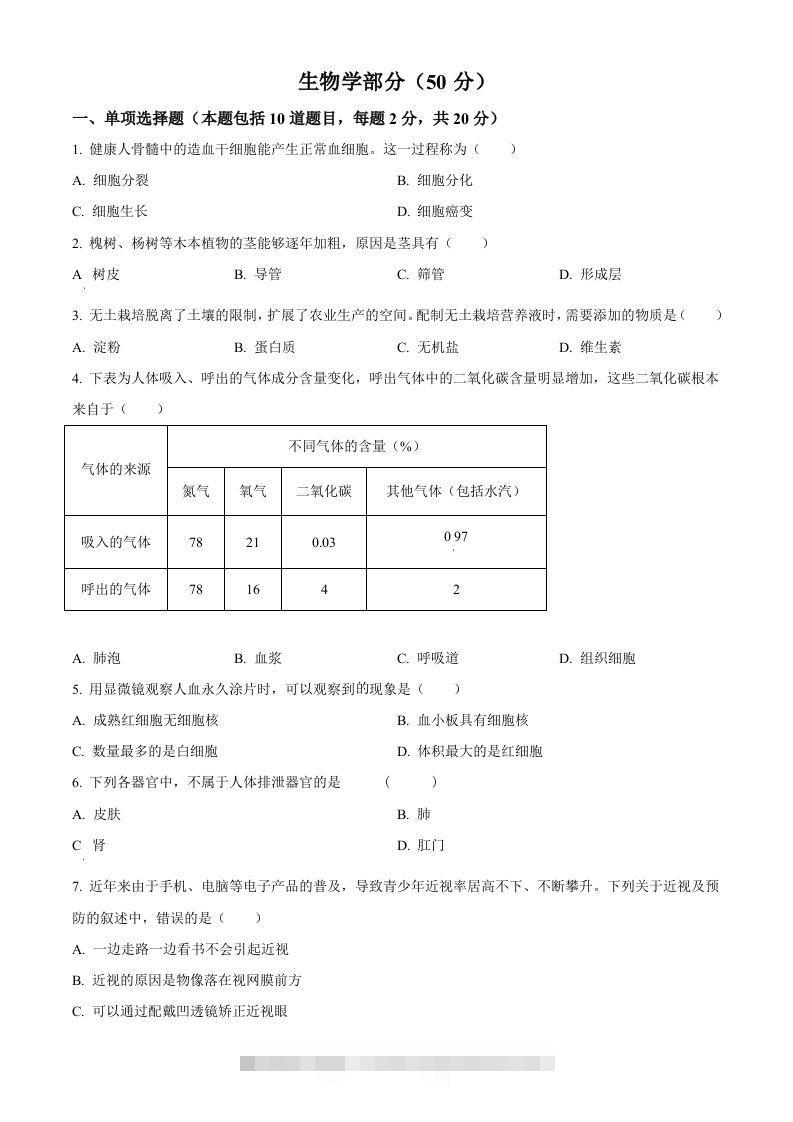 2024年甘肃省天水市中考生物试题（空白卷）-资源V站