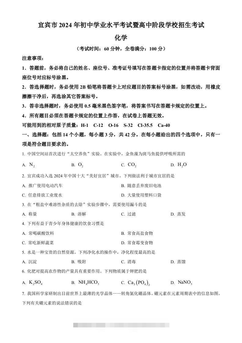 2024年四川省宜宾市中考化学真题（空白卷）-资源V站