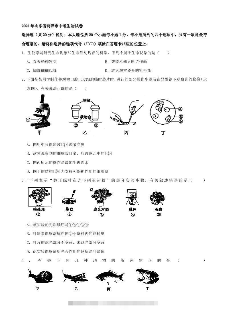 2021年山东省菏泽市中考生物真题（word，含答案）-资源V站