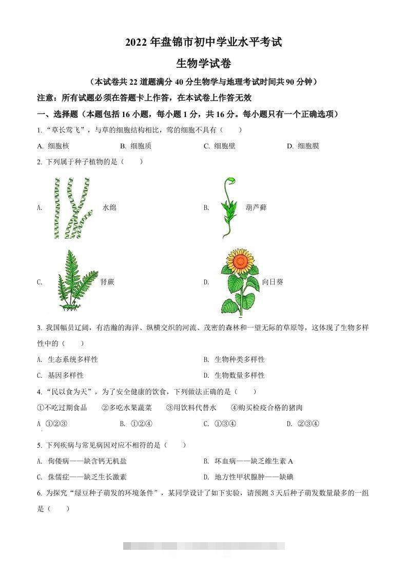 2022年辽宁省盘锦市中考生物真题（空白卷）-资源V站