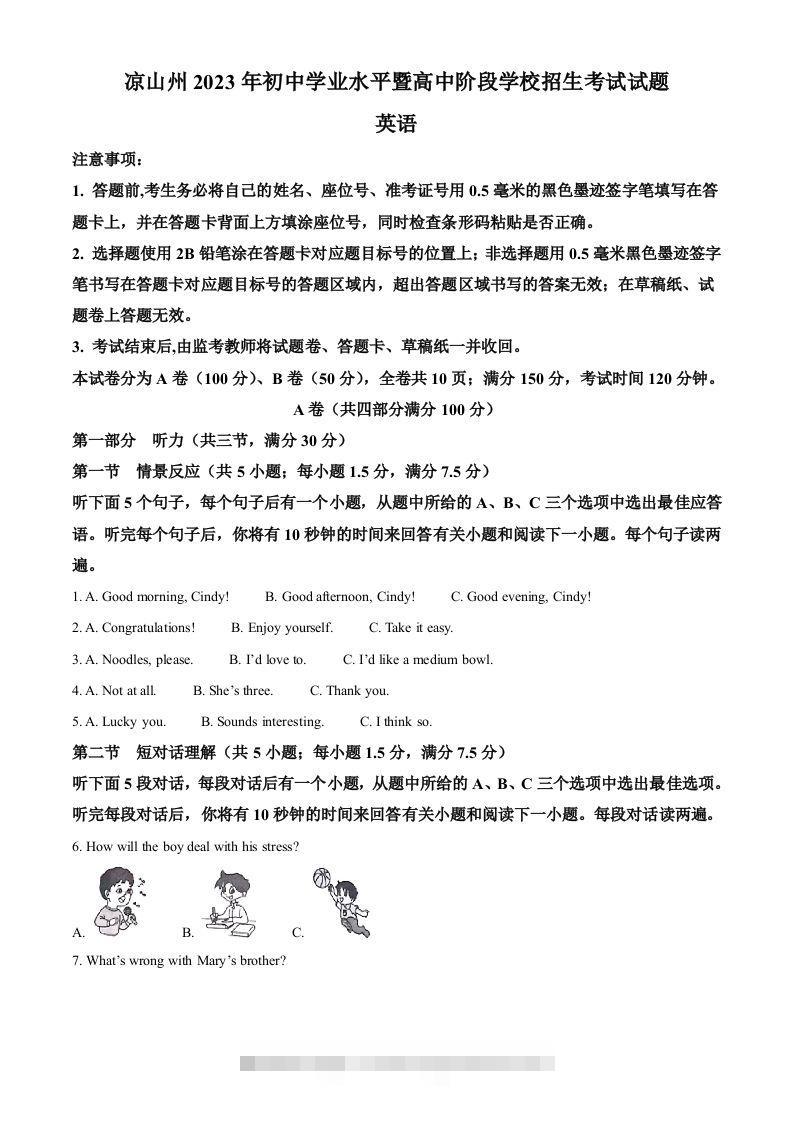 2023年四川省凉山彝族自治州中考英语真题（含答案）-资源V站