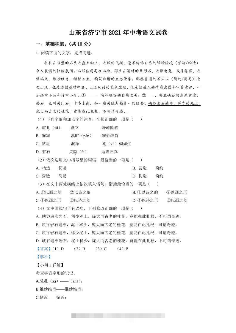 山东省济宁市2021年中考语文试题（含答案）-资源V站