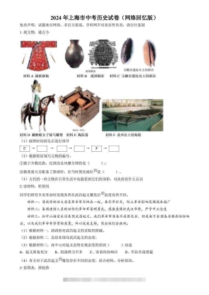 2024年上海市中考历史试题（网络回忆版）（空白卷）-资源V站