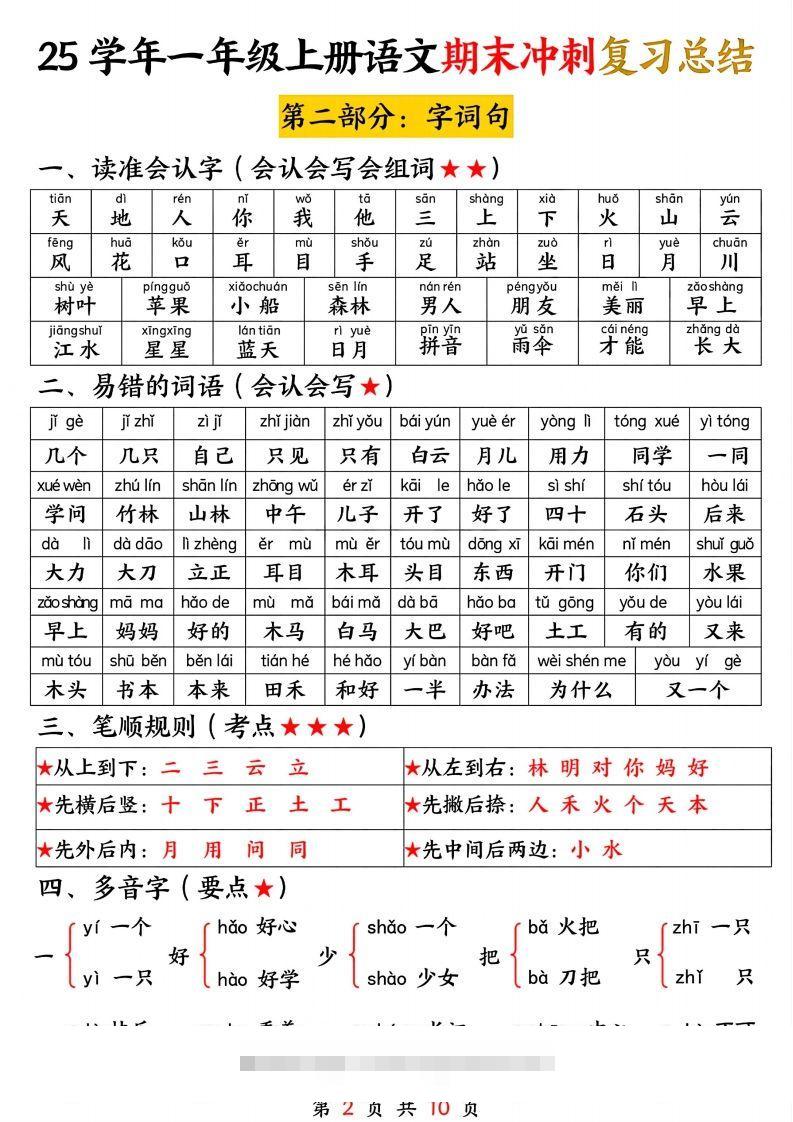图片[2]-【25学年-期末冲刺复习总结（五大部分）10页】一上语文-资源V站