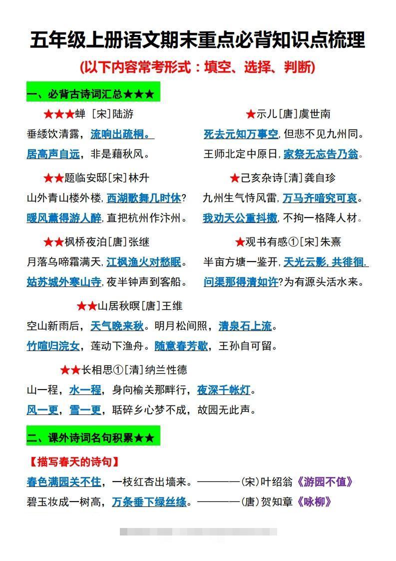 【期末重点必背知识点梳理】五上语文-资源V站