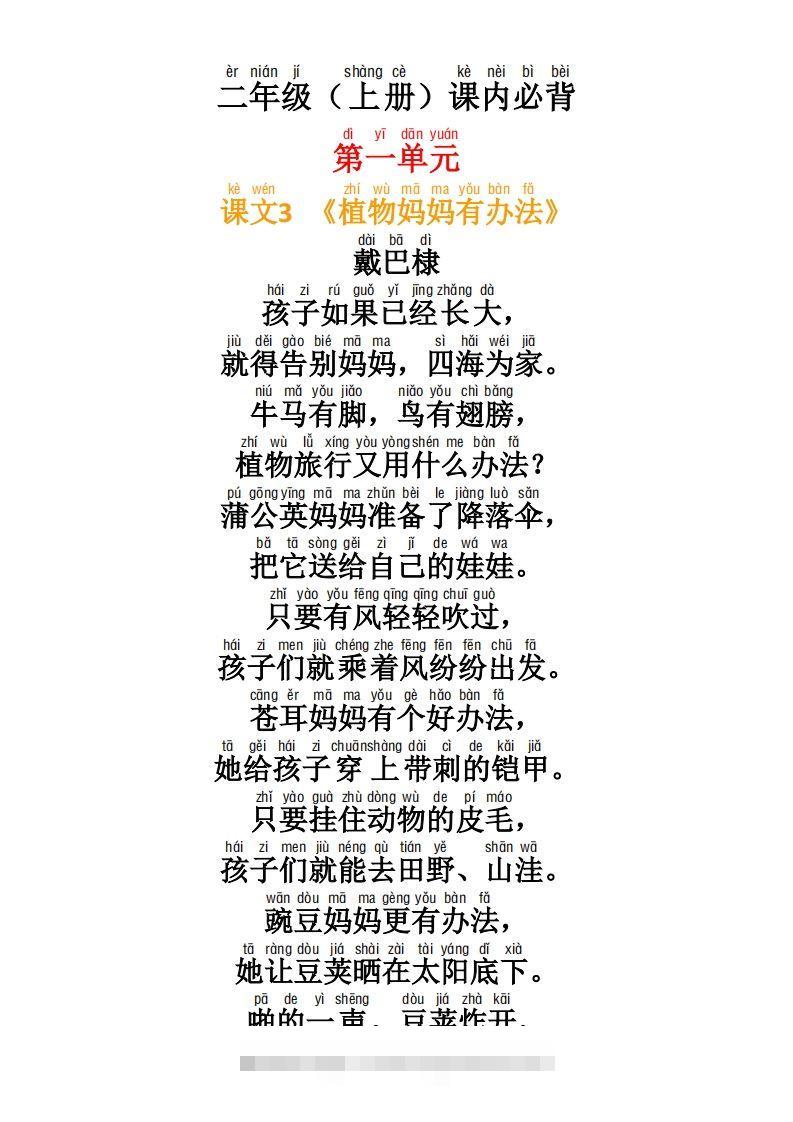 二年级语文上册必背内容及默写表-资源V站