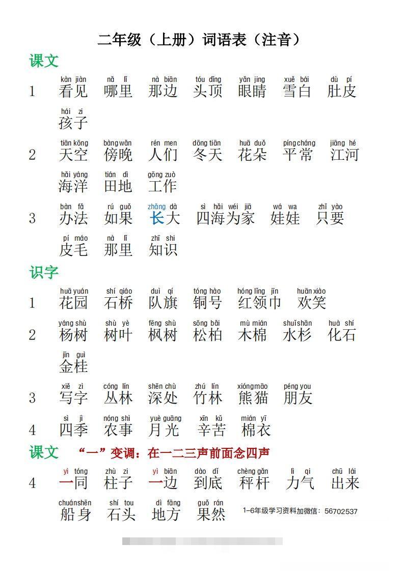 二年级语文上册词语表拼音版1-资源V站