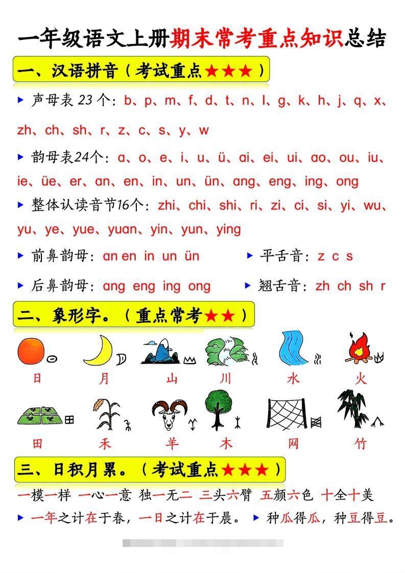一年级语文上册期末常考重点知识总结-资源V站