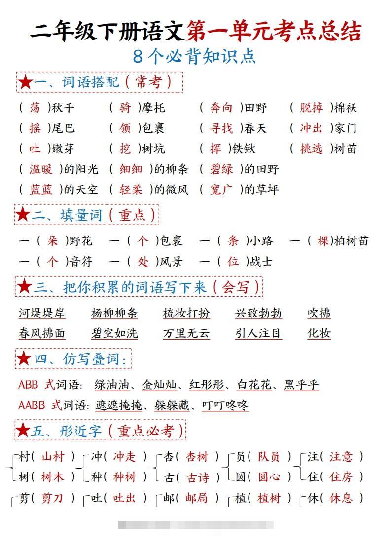二下语文1-8单元【考点总结】（8个必背知识点+练习）42页-资源V站