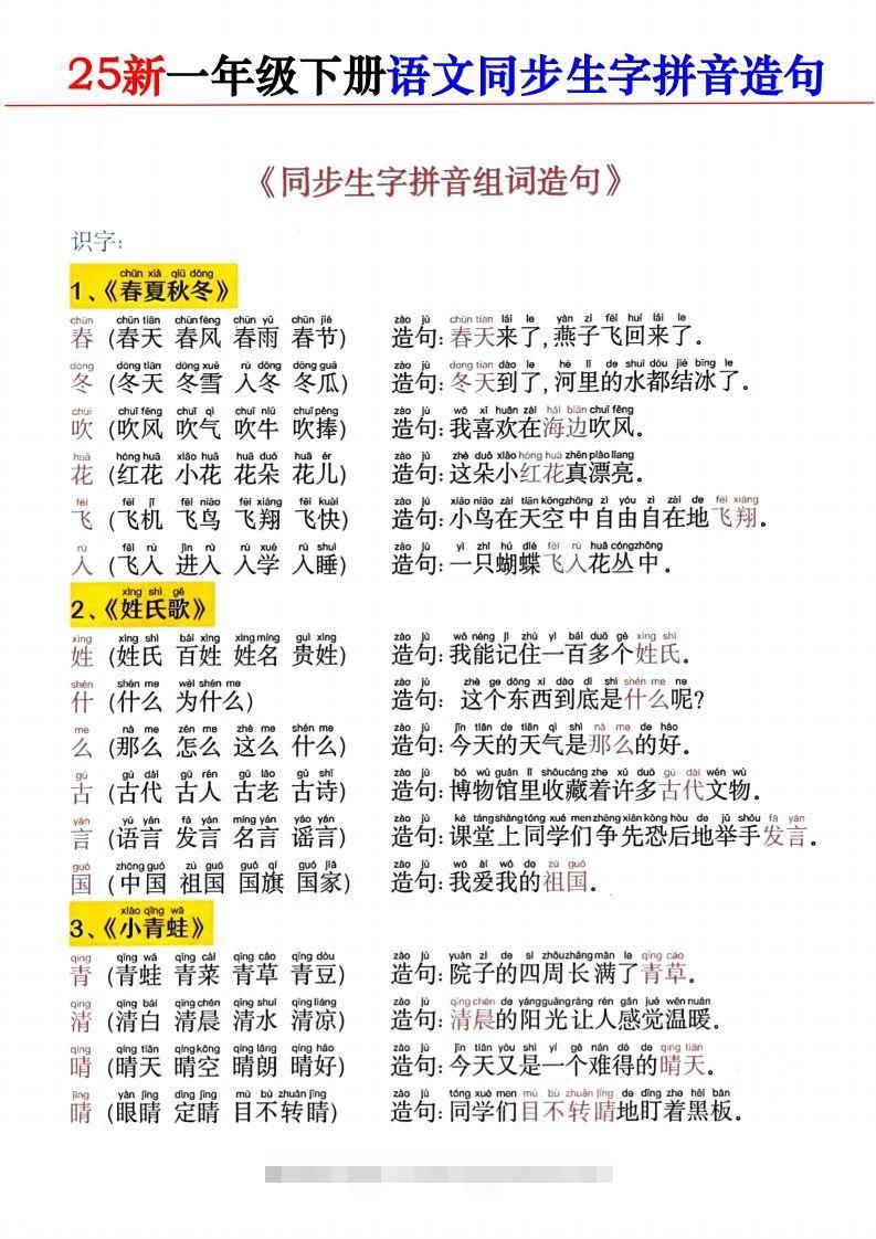 2025新一下语文同步生字拼音组词造句11页-小哥网