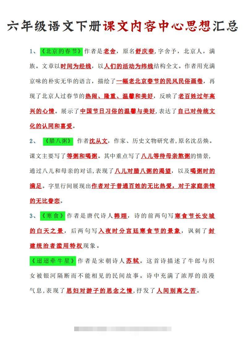 【课文内容中心思想汇总】六下语文-资源V站