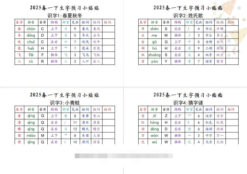 【生字小贴贴】一下语文最终版生字预习-资源V站