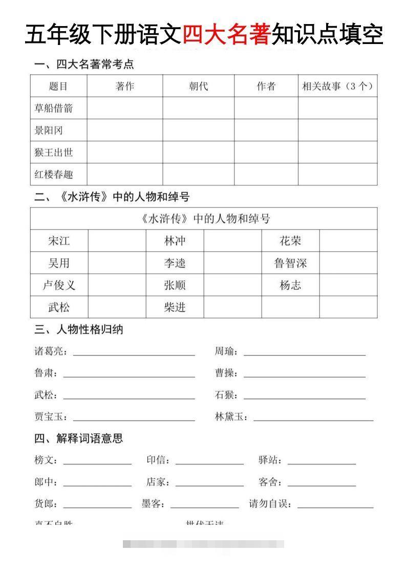 【四大名著知识点填空】五下语文-资源V站