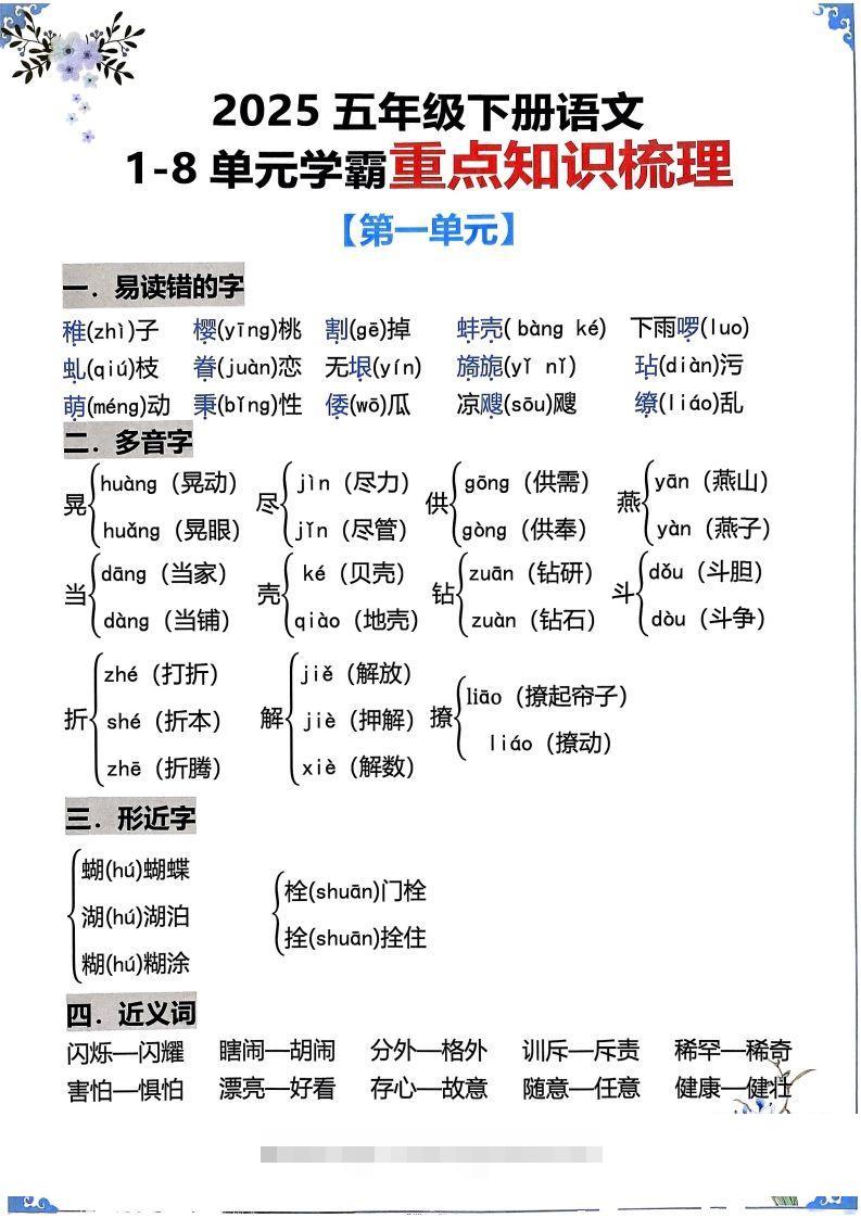 【知识点】五下语文1-8单元学霸重点知识梳理30页-资源V站