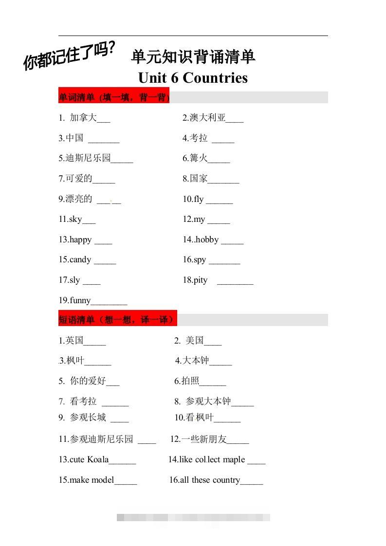 ❤四年级英语下册单元知识背诵清单Unit6Countries人教新起点（含答案）-资源V站