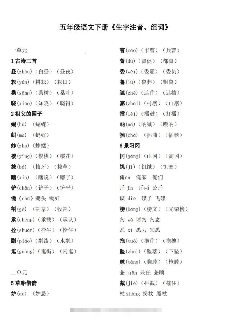 五下语文：《生字注音、组词》-资源V站
