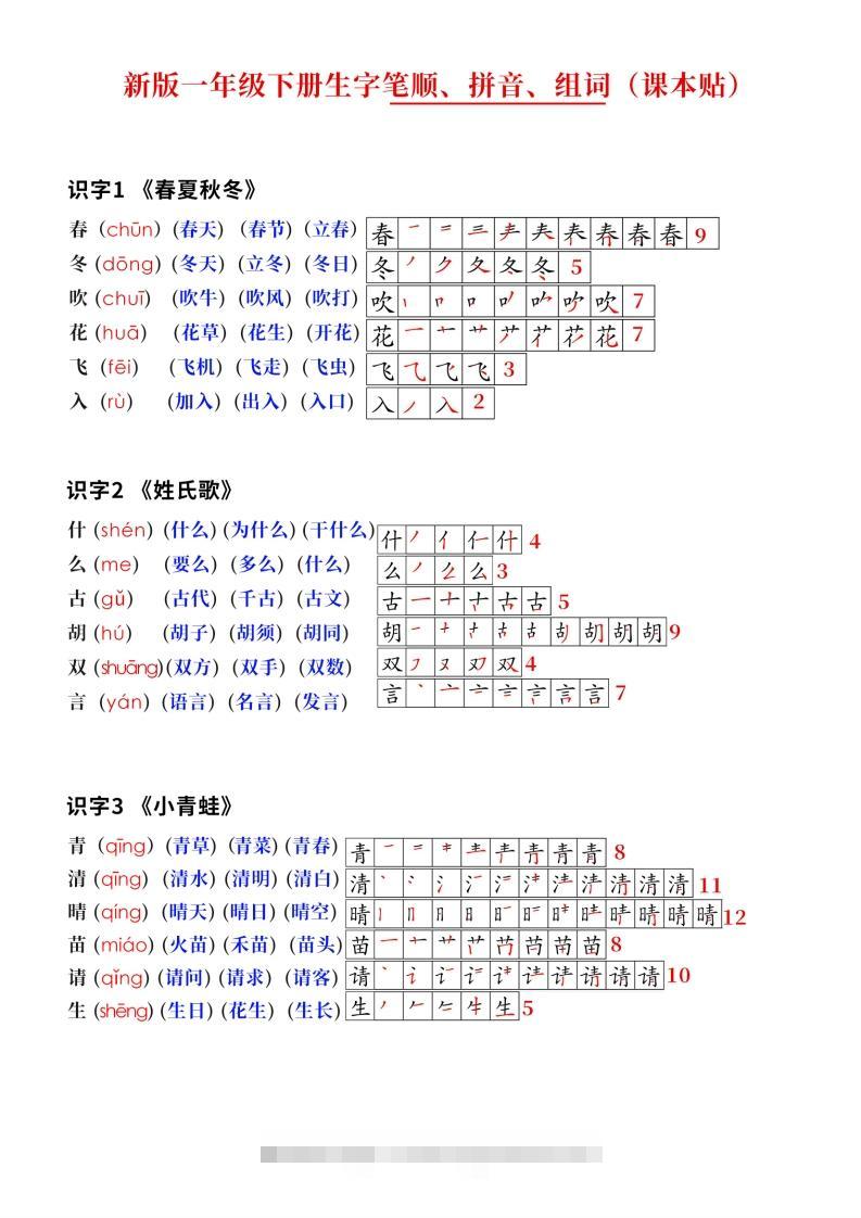 新版一下语文生字笔顺拼音组词（课课贴课本贴）10页-资源V站