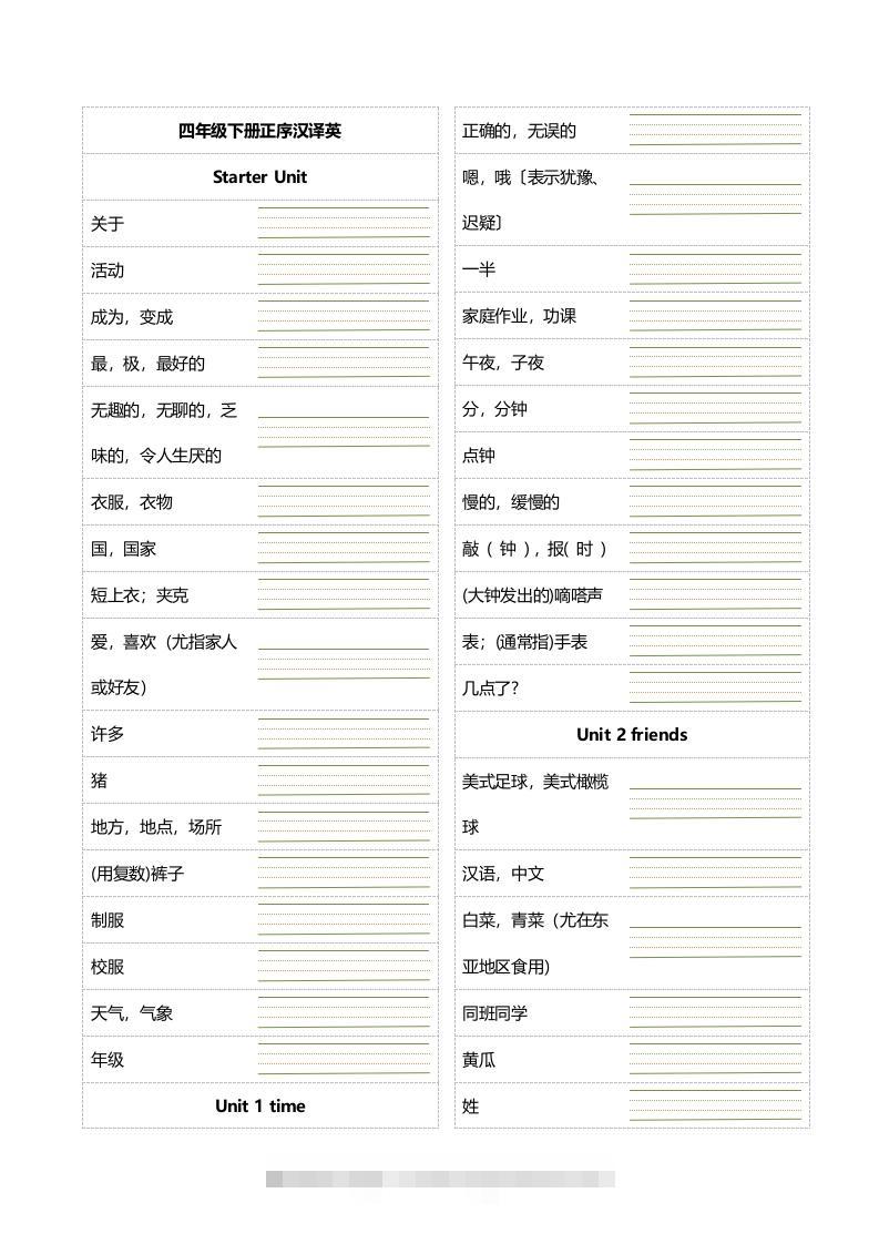 四年级下册英语正乱序英汉互译默写-资源V站