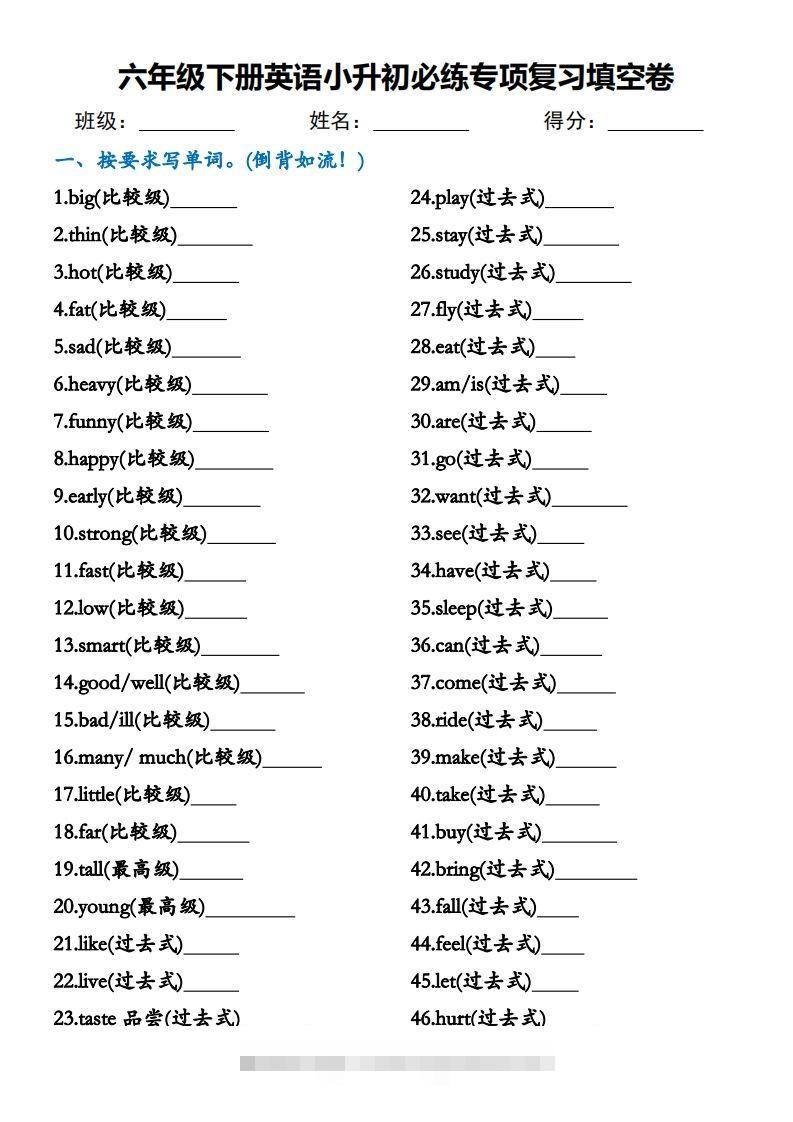 小升初必练专项复习填空卷六下英语(1)-小哥网