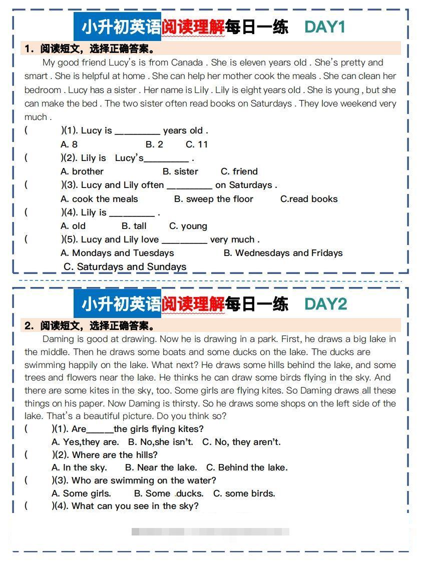 小升初英语阅读理解每日一练-小哥网