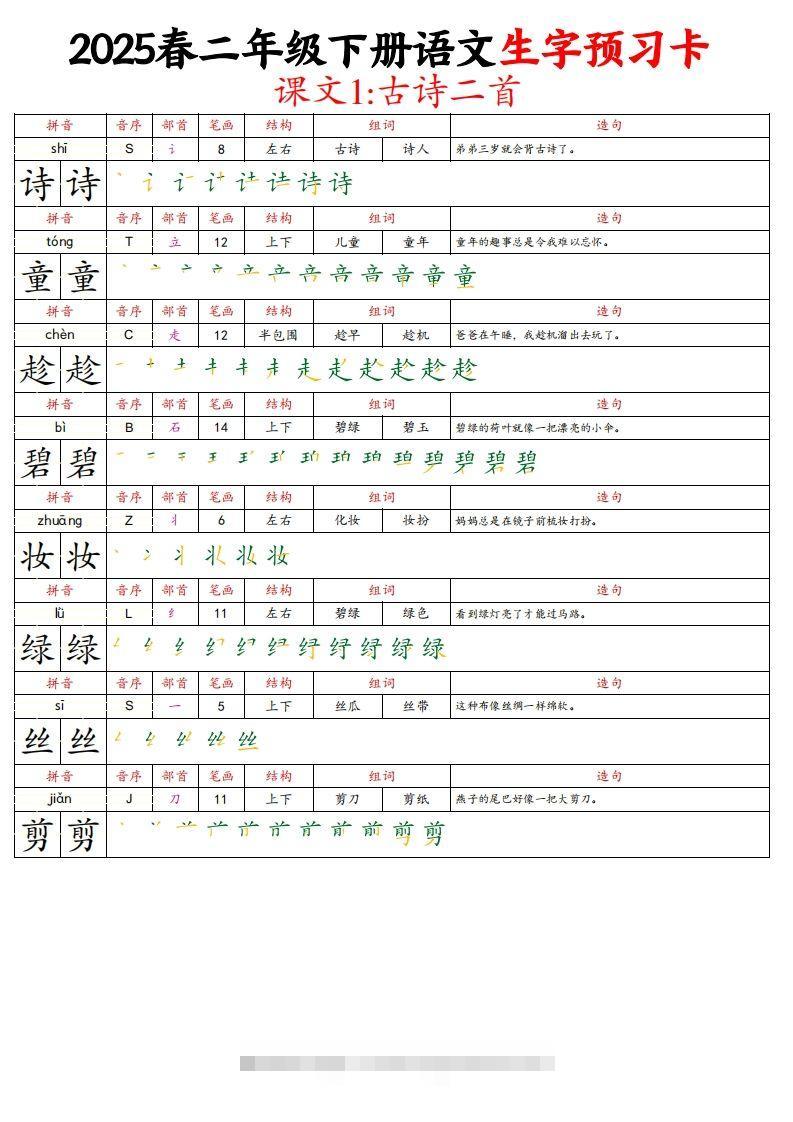 25春二下语文写字表生字预习卡（拼音笔画笔顺组词造句）29页-资源V站