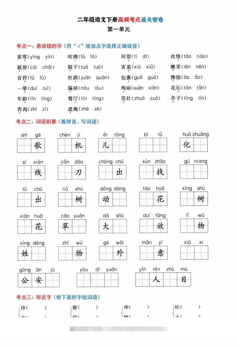 二年级语文下册1-8单元高频考点通关密卷，按考点归类编排整16页-资源V站