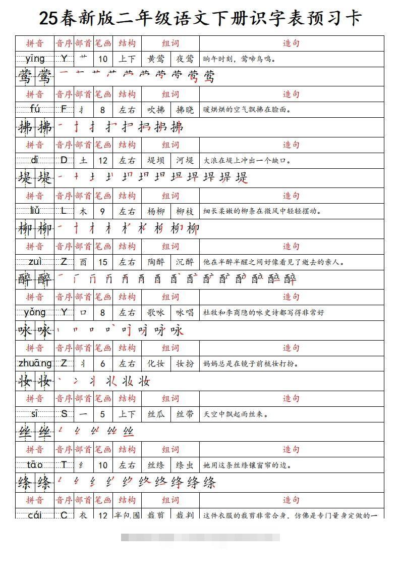 25春新二下语文识字表预习卡（组词造句拼音部首笔画笔顺结构）47页-资源V站